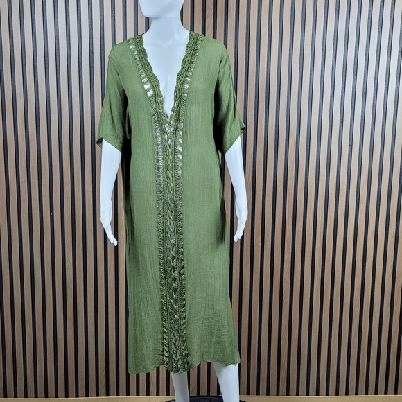 Unbranded Other - Olive Green Swim Coverup Crochet Lace Trim V-Neck Midi 0XL